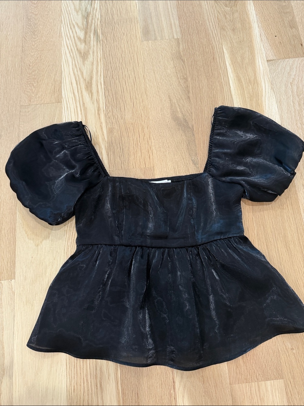 Black Puff-Sleeve Peplum Tunic Top